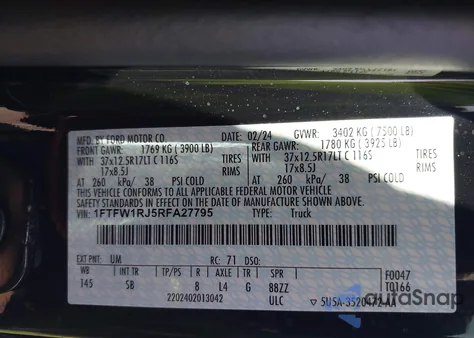 2024 Ford F-150 Raptor z USA, uszkodzony, nr VIN 1FTFW1RJ5RFA27795